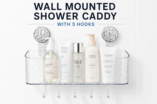 HOME&I Suction Cup Shower Caddy with Twist-to-Lock Mount, Drill-Free Bathroom Organizer for Toothbrush, Toothpaste & Razor, Self-Draining Storage Rack with 5 Hooks