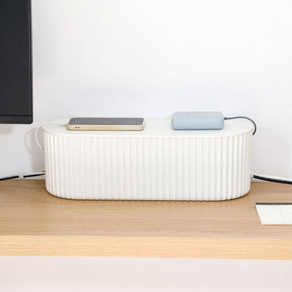 White Cable Management Box with Lid, Large, Plastic | Cable Box Organizer, For Wire, Power Strip, Surge Protector, Extension Cords Hider Cover, For Home Office, Desk and Floor