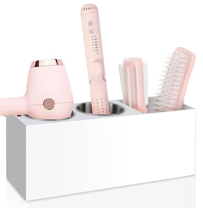 Hair Tool Organizer, Hair Dryer Holder with Heatproof Steel Cups, Acrylic Vanity Organizer for Curling Iron, Flat Iron & Hair Brushes, Perfect for Bathroom (White, Standard)