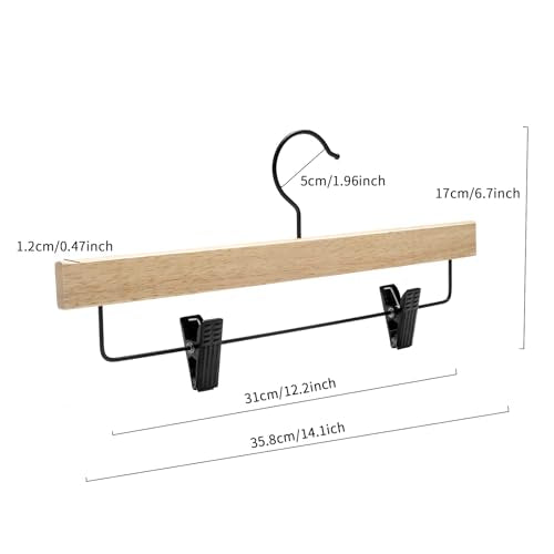 Nature Smile Deluxe Wooden Pants Hangers,Solid Rubber Wood Jeans Skirt Hanger with Black Adjustable Clips and Rotatable Hook Pack of 10(Natural Varnished)