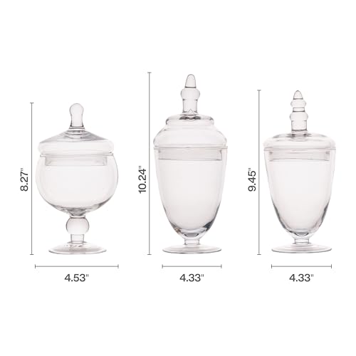 Elements Clear Glass Apothecary Jar Set of 3 with Lids - Decorative Glass Jars for Bathroom, Kitchen, Pantry Storage - Handcrafted, Graduated Heights 10, 9.5, 8.5 In