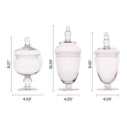 Elements Clear Glass Apothecary Jar Set of 3 with Lids - Decorative Glass Jars for Bathroom, Kitchen, Pantry Storage - Handcrafted, Graduated Heights 10, 9.5, 8.5 In