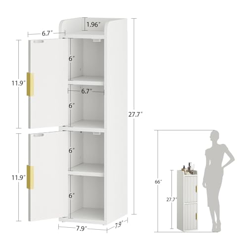 Yoobure Small Bathroom Storage Cabinet - Corner Floor Cabinet with 2 Doors & Adjustable Shelves, Narrow Slim Toilet Paper Cabinets, Skinny Bathroom Organizer for Small Space, 7.9" D x 7.9" W, White