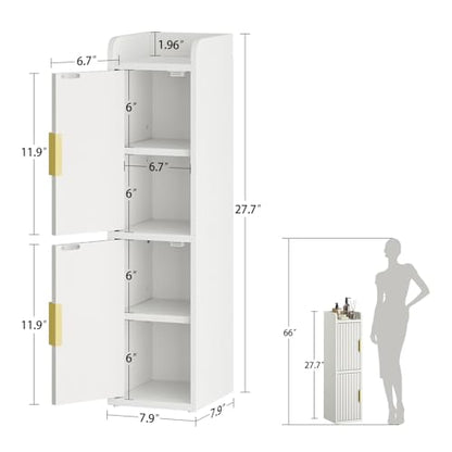 Yoobure Small Bathroom Storage Cabinet - Corner Floor Cabinet with 2 Doors & Adjustable Shelves, Narrow Slim Toilet Paper Cabinets, Skinny Bathroom Organizer for Small Space, 7.9" D x 7.9" W, White