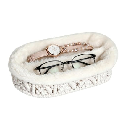 Glasses Holder, 2 Slots Plush Lined Eyeglass Holder Stand | Anti-scratch Eye-glasses Key Jewelry Tray for Nightstand Desk Table Entryway Dresser Storage Organizer, Beige