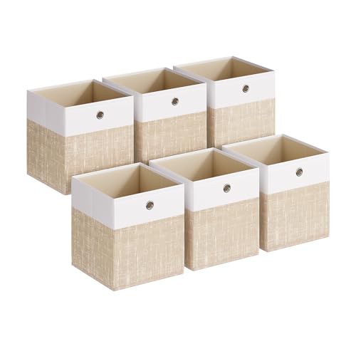 SONGMICS Storage Cubes, Set of 6 Foldable Fabric Storage Boxes, Cube Organizer Boxes with Handles, for Closet Shelves, Odorless, 10.2 x 10.2 x 11 Inches, Cloud White and Sand Beige URFB426LF02