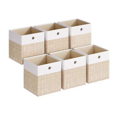 SONGMICS Storage Cubes, Set of 6 Foldable Fabric Storage Boxes, Cube Organizer Boxes with Handles, for Closet Shelves, Odorless, 10.2 x 10.2 x 11 Inches, Cloud White and Sand Beige URFB426LF02