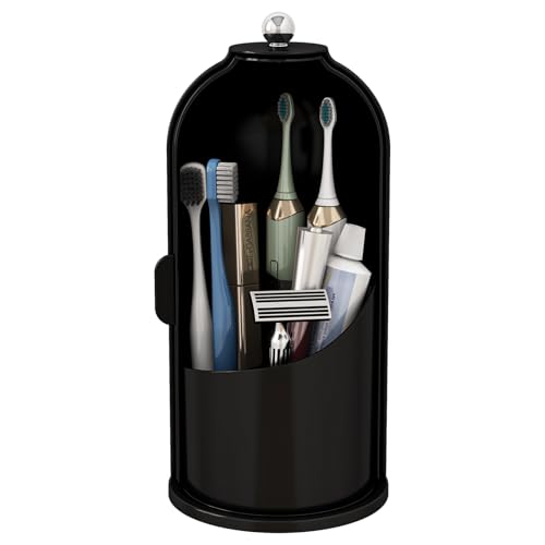 Toothbrush and Toothpaste Holders with Cover, Solid Black | Waterproof and Dustproof, 360° Rotating Base, Smooth Sliding Door, 3 Slots, for Bathroom Countertop