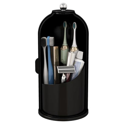 Toothbrush and Toothpaste Holders with Cover, Solid Black | Waterproof and Dustproof, 360° Rotating Base, Smooth Sliding Door, 3 Slots, for Bathroom Countertop