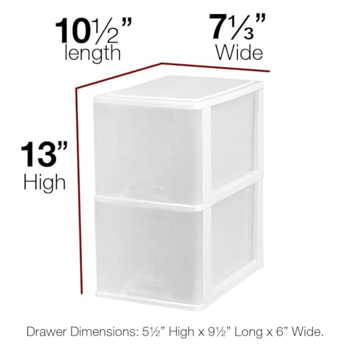 Plastic Small 2-Drawer Storage Organizer, Slim Narrow, White/Clear Crafts Drawers Storage Organizer (13"H x 10"D x 7"W)