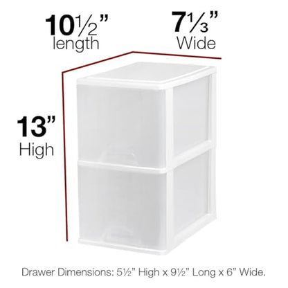 Plastic Small 2-Drawer Storage Organizer, Slim Narrow, White/Clear Crafts Drawers Storage Organizer (13"H x 10"D x 7"W)