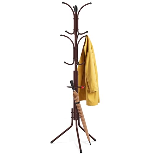 Coat Rack Freestanding,12 Hooks Metal Coat Racks with Umbrella Holder,Sturdy Hall Rree,Easy Assembly Coat Rack Stand for Hanging Scarf,Purse,Hats,Jacket(Brown)
