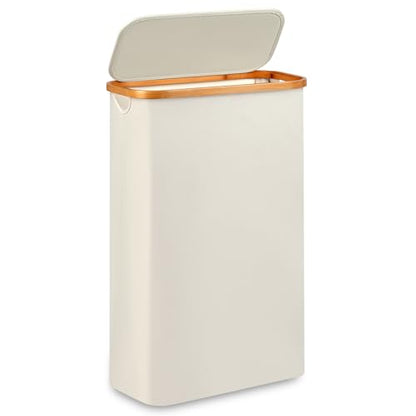 Slim Laundry Hamper,Narrow laundry Hamper with Lid,60L Hamper for Laundry,Dirty Cloth Hamper with Bamboo Handle for Towels, Clothes Organizing,Beige