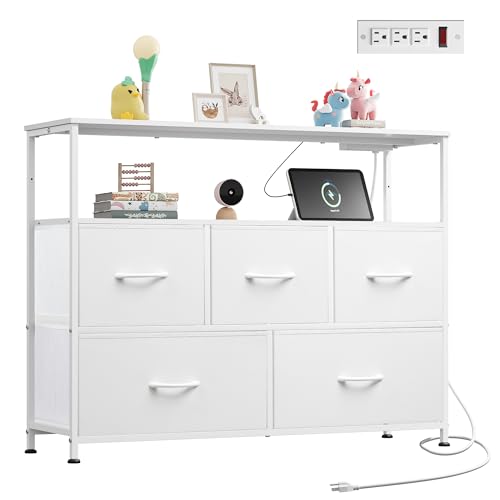 White Dresser for Bedroom with 5 Drawers，Fabric Dr... (White)
