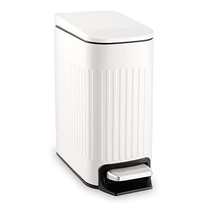 Slim Bathroom Trash Can with Lid Soft Close & Pedal, 1.6Gal, White | Removable Inner Bucket, Stainless Steel Garbage Can, Small Wastebasket for Toilet/Office/Bedroom, Retro Design, Odor Control