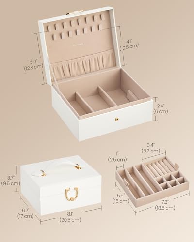 SONGMICS 2-Layer Jewelry Box Organizer, Jewelry Storage Case with Removable Tray and Handle, for Necklaces, Earrings, Rings, Bracelets, 6.7 x 8.1 x 3.7 Inches, Gift Idea, Cream White UJBC208WD01