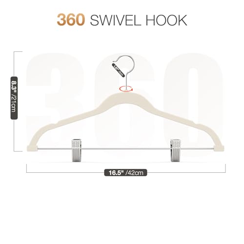 Korpai 24-Pack Beige Velvet Hangers with Clips Adjustable,Adult Hangers,Outfit Hangers,Heavy-Duty,Non-Slip,Space Saving, Felt Hanger for Pants, Skirts, Suits,Coats, Dresses ect.