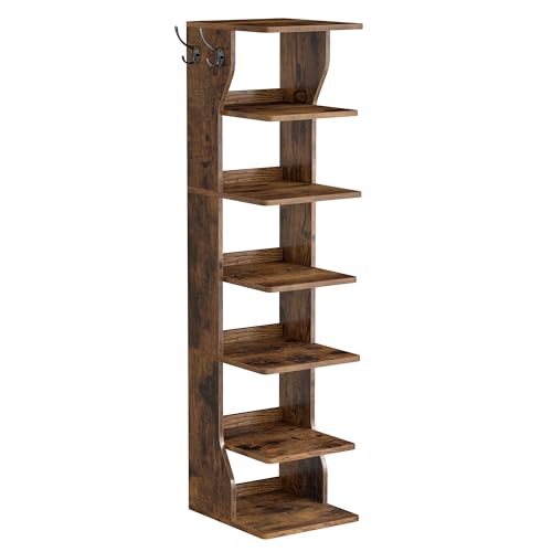 VASAGLE 7-Tier Vertical Shoe Rack, Narrow Shoe Storage Organizer with Hooks, Slim Corner Tower Shelf, Space-Saving for Entryway and Bedroom, Rustic Brown ULBS200KD01