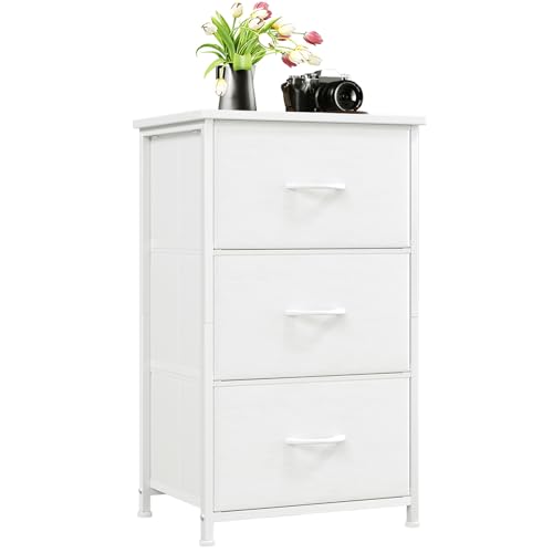 Somdot Small Dresser for Bedroom, 3 Drawer Storage Cabinet, White | Tall Nightstand Fabric Dresser with Removable Bins, Steel Frame and Mdf Wood Top , Closet, Nursery, Dorm or Entryway Storage
