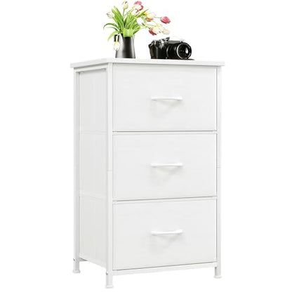 Somdot Small Dresser for Bedroom, 3 Drawer Storage Cabinet, White | Tall Nightstand Fabric Dresser with Removable Bins, Steel Frame and Mdf Wood Top , Closet, Nursery, Dorm or Entryway Storage