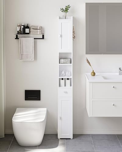 HEXCELEN Bathroom Storage Cabinet,Tall Narrow Bathroom Cabinet White | Narrow Tall, Freestanding Floor Cabinet, 2 Doors and 1 Drawer, Adjustable Shelf, 1 Hook