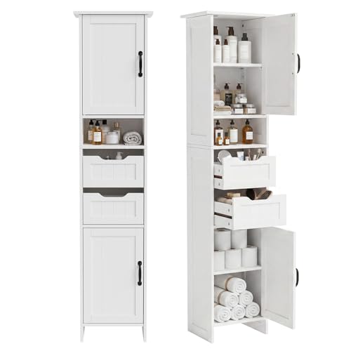 GRUSIGN 67" Tall Bathroom Storage Cabinet, Narrow Bathroom Cabinet with 2 Doors, 2 Drawers and 2 Adjustable Shelves, Slim Storage Cabinets for Kitchen, Living Room, Entryway, White