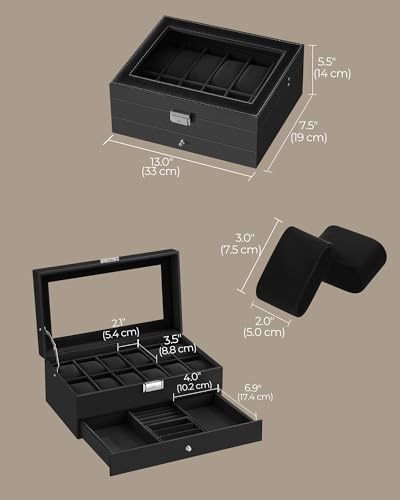SONGMICS HOME Watch Box, PU Watch Case Organizer with Glass Lid, Removable Pillows, Metal Clasp, 12 Slots, Black