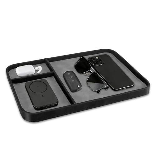 SITHON Valet Tray Trendy Organizer Multifunctional Nightstand Caddy Holder | Premium PU Leather Stylish and Organized Catchall Bedside Vanity Tray for Keys, Watch, Wallet, Jewelry and more, Black