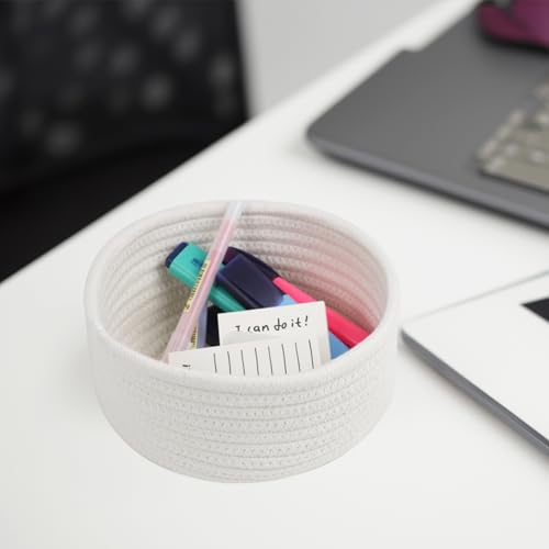Small Woven Cotton Rope Baskets, Set of 3, White | Cute Mini Round Baskets, Gift and Storage Baskets, Nursery Organizer, Bathroom Bins, Decorative Boho Decor Tiny Baskets