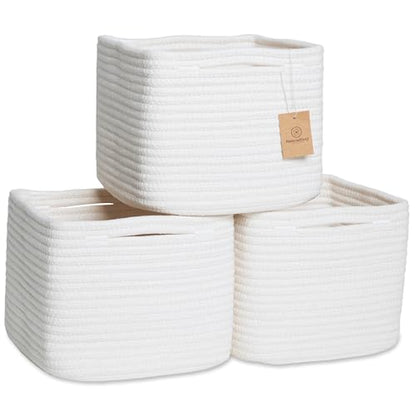 Storage Cubes 9”x9”x7”Cotton Rope Woven Baskets for Organizing 3-Pack | 9 Inch Cube Storage Bin | Small Basket for Shelf Nursery, Pantry, Decorative Plant, Bathroom Closet, Toy Gift