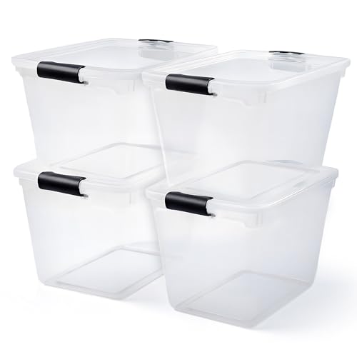 HOMZ Clear Plastic Storage Bins with Latching Lids, 31 Qt, Gray, 4 Pack | Stackable Container Set for Home, Office Shelves, Kitchen, Garage, and Bathroom Organization