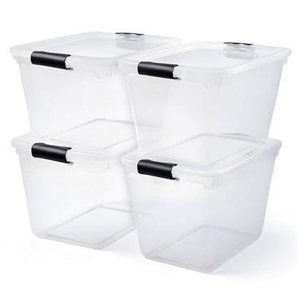 HOMZ Clear Plastic Storage Bins with Latching Lids, 31 Qt, Gray, 4 Pack | Stackable Container Set for Home, Office Shelves, Kitchen, Garage, and Bathroom Organization