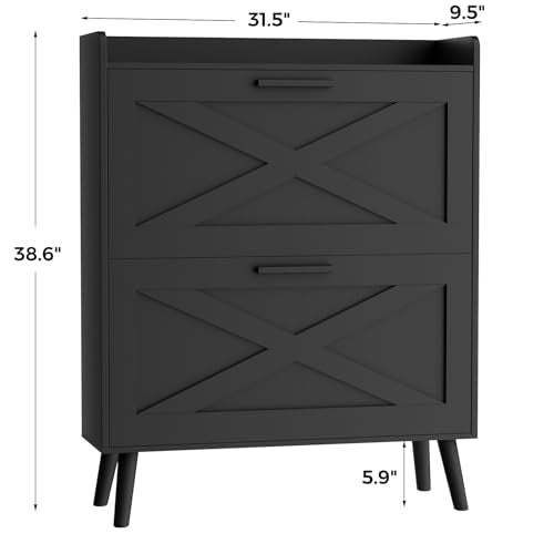 Farmhouse Shoe Storage Cabinet with Flip Drawers & Barn Door Design | Slim Narrow Shoe Rack Cabinet with Adjustable Shelves & Hidden Storage for Entryway, Foyer, Hallway, Living Room, Black