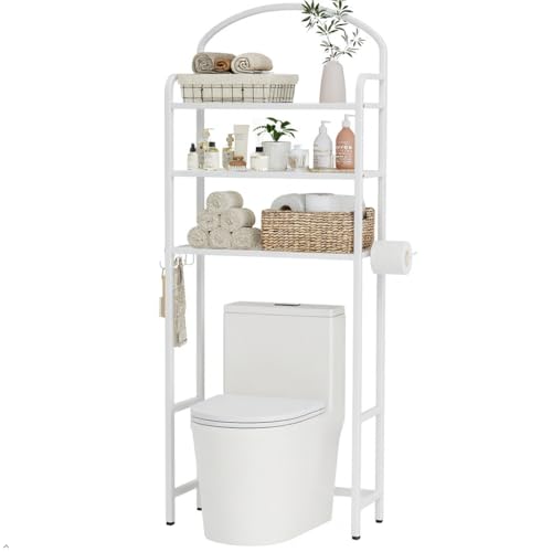 3 Tier Over The Toilet Storage Rack, Bathroom Organizer | Toilet Storage with 4 Hooks & Paper Holder, Space-Saving, Freestanding Bathroom Shelf, Metal, White