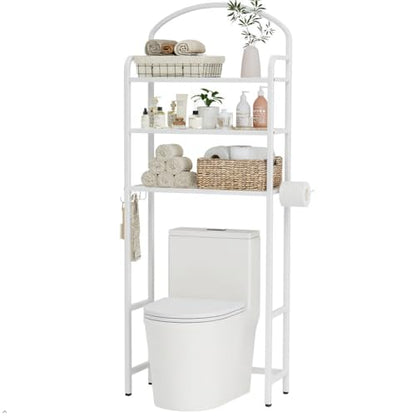 3 Tier Over The Toilet Storage Rack, Bathroom Organizer | Toilet Storage with 4 Hooks & Paper Holder, Space-Saving, Freestanding Bathroom Shelf, Metal, White