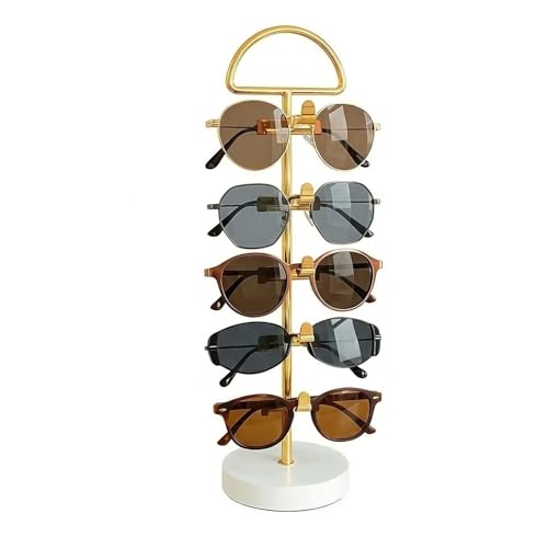 Sunglasses Stand for Countertop - Gold Eyeglass Holder, Vertical Sunglasses Organizer for 5 Pairs, Tabletop Eyewear Display for Bedroom Entryway Office (Gold, Wood Base - 1pc)