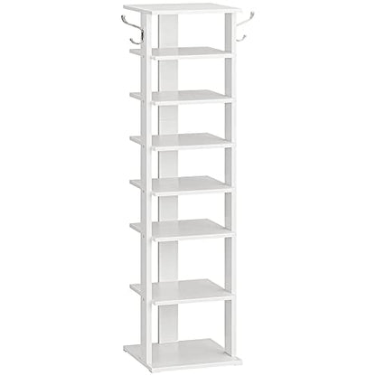 HOOBRO 8 Tiers Vertical Shoe Rack, Wooden Shoe Storage Organizer with Hooks, Narrow Shoe Tower for 8 Pairs, Space Saving, for Entryway, Living Room, Bedroom, White WT07XJ01G1