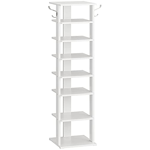 HOOBRO 8 Tiers Vertical Shoe Rack, Wooden Shoe Storage Organizer with Hooks, Narrow Shoe Tower for 8 Pairs, Space Saving, for Entryway, Living Room, Bedroom, White WT07XJ01G1