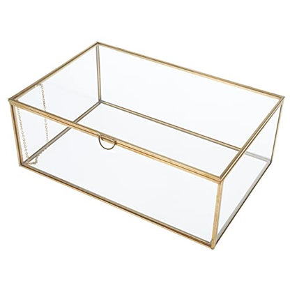 Vintage Glass Box with Lid - Clear Jewelry Glass Display Box Keepsake Box - Home Decor Decorative Box for Trinket Rings Bracelet (Gold, Large)