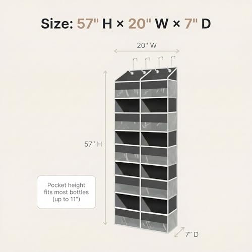 Over the Door Organizer, 10-Pocket Heavy Duty Hanging Storage Bag | 600D Oxford hanging door organizer with 10 front pockets, 10 side mesh pockets, four silicone-padded hooks and 80 lb capacity