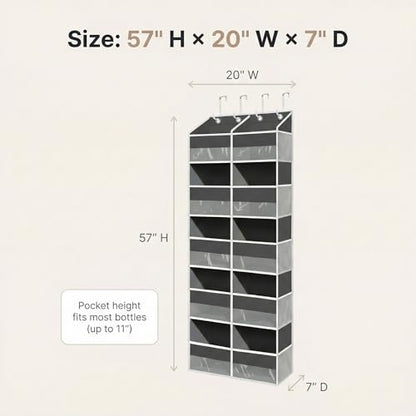 Over the Door Organizer, 10-Pocket Heavy Duty Hanging Storage Bag | 600D Oxford hanging door organizer with 10 front pockets, 10 side mesh pockets, four silicone-padded hooks and 80 lb capacity