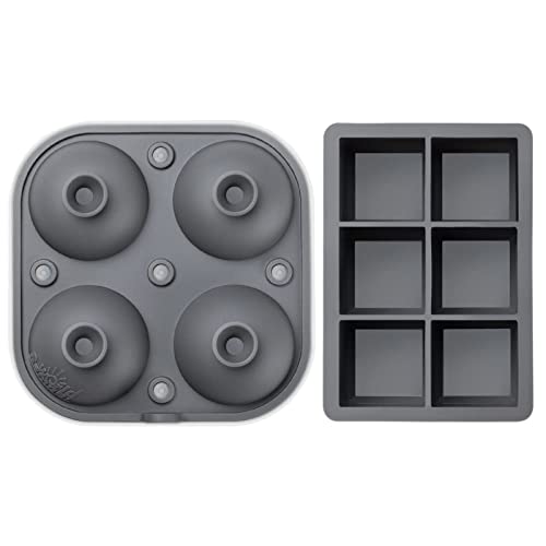 Large Silicone Premium Ice Trays, 2-Pack Combo, 2 Inches Big Cubes & 2.5 Inches Sphere Ice Molds - BPA Free, Craft Ice Maker for Gifting, Whiskey, Cocktails, Easy Release - Gray