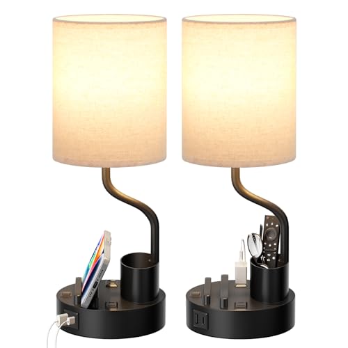 Bedside Lamps for Bedroom Set of 2 - Table Desk La... (2 Count | Beige | Fabric, Plastic)