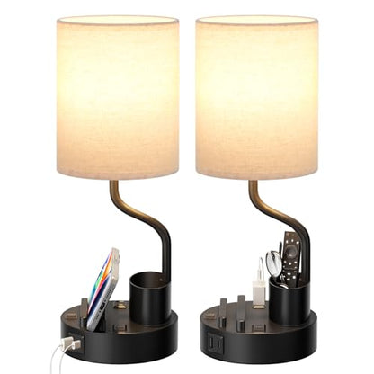 Bedside Lamps for Bedroom Set of 2 - Table Desk Lamp for Nightstand | 15" Table Lamp for Living Room with Pen Holder & Phone Stand, USB A+C Port, AC Outlet, 3 Color Temperature, LED Bulb Included