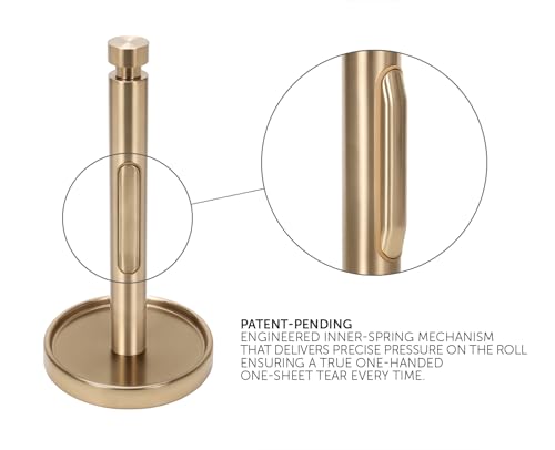Ivilon Countertop Paper Towel Holder - Weighted Heavy Duty Steel Stand with Non-Slip Base for a Steady One-Handed One Sheet Tear - Fits All Rolls - Warm Gold