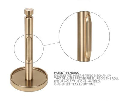 Ivilon Countertop Paper Towel Holder - Weighted Heavy Duty Steel Stand with Non-Slip Base for a Steady One-Handed One Sheet Tear - Fits All Rolls - Warm Gold