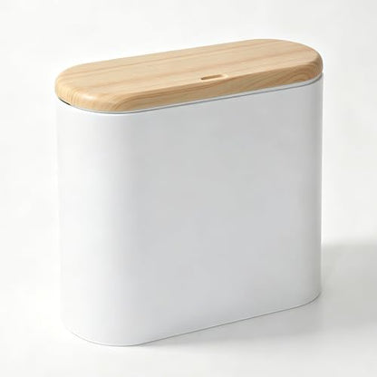 Small Bathroom Trash Can with Lid 2.6 Gallon, Slim Plastic White | Wastebasket, Odor & Pet Proof, Inner Bucket & Faux Wood Grain Top, For Kitchen, Bedroom, Living Room, Office, RV