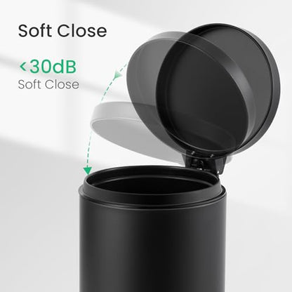 Cesun Small Round Bathroom Trash Can with Lid Soft Close, 1.2 Gal, Black | Removable Inner Bucket, Stainless Steel Garbage Can for Bedroom/Office, Hands-Free Step Pedal, Fingerprint-Resistant