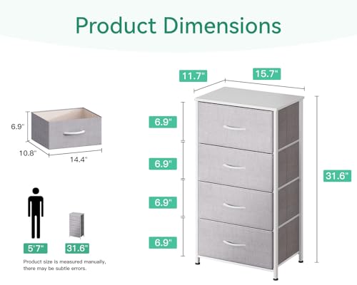AODK Small Dresser for Bedroom with 4 Storage Drawers, Light Grey | Dressers Chest of Drawers Fabric Dresser with Sturdy Steel Frame, Dressers for Closet with Wood Top