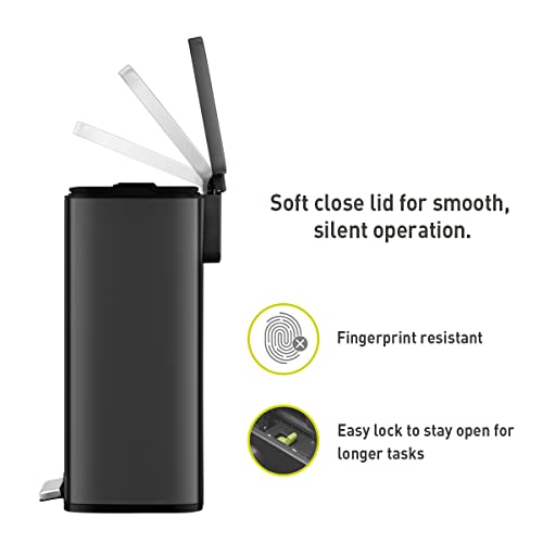 EKO Madison Matte Black Stainless Steel 13.2 Gal/50L Kitchen Step Trash Can or Recycling Bin, Removable Inner Liner, Soft Close Lid, Fingerprint Resistant Finish